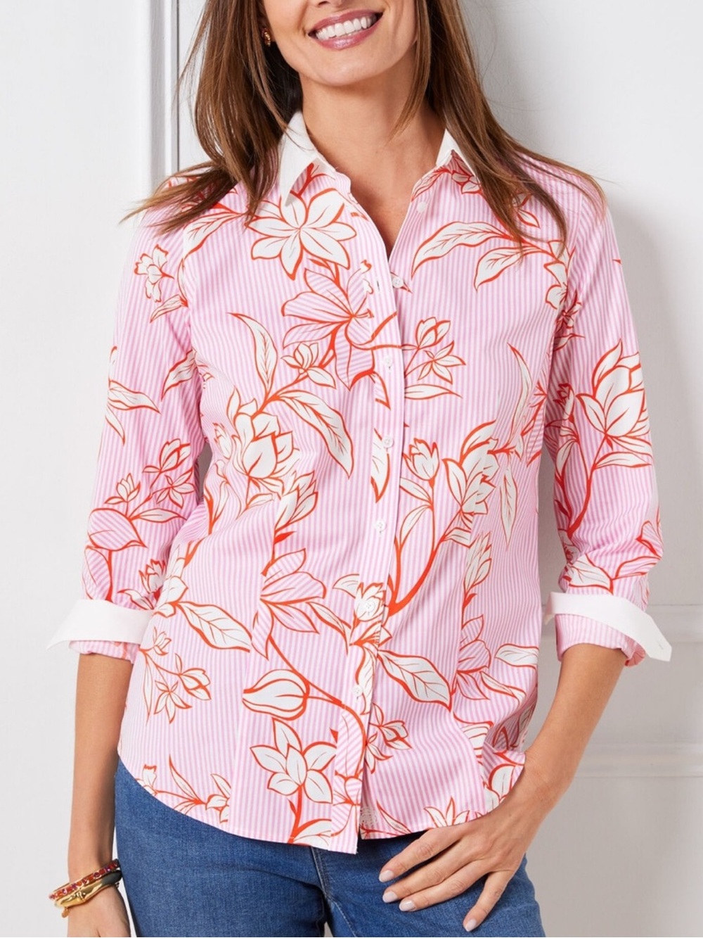 Talbots 16 White Pink Orange Stripe Floral Non-Iron Button Down Perfect Shirt - Picture 2 of 4